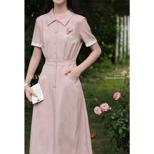 鹿向南「海棠花」法式气质翻领粉色短袖衬衫连衣裙女夏A字长裙子 商品图4