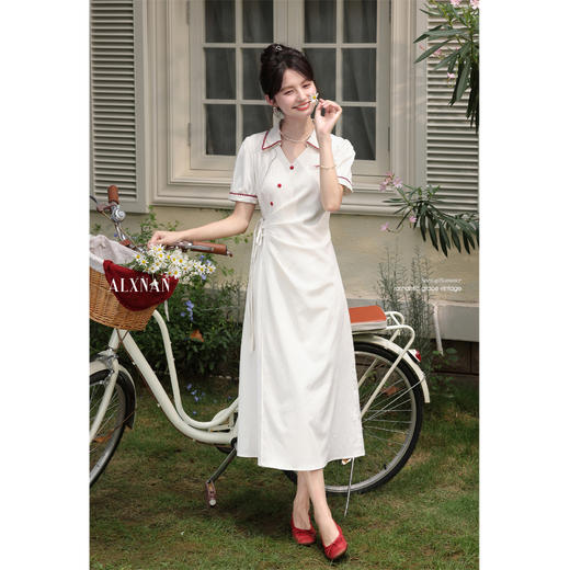 鹿向南「港岛庄园」气质POLO领杏色短袖连衣裙收腰显瘦长裙女夏季 商品图3