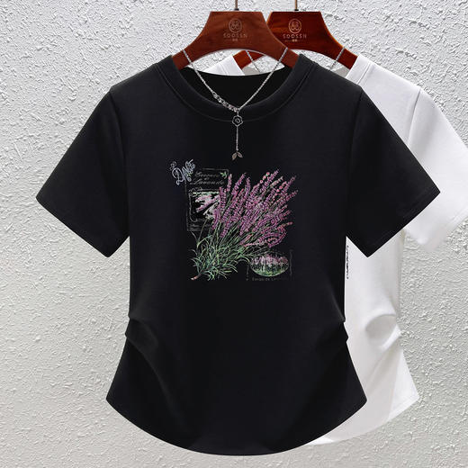 「自」全新升级【铂金会员119/天猫159/差价40】(11638)洛诗琳气质印花圆领T恤2025夏季新款重工刺绣收腰短袖上衣女 商品图1