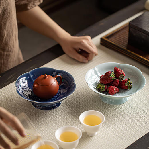 【祥云六瓣碟】陶瓷高脚水果盘中式高足茶点盘家用点心碟子禅意干果盘零食糕点盘 商品图1