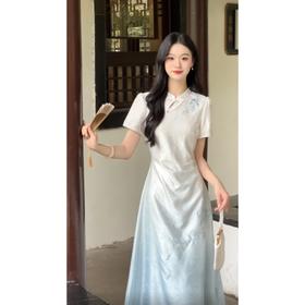鹿向南「竹摇清风」夏季旗袍女新中式连衣裙收腰a字渐变短袖长裙