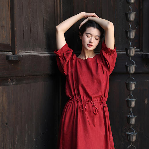 绽放旅行女装261朵/铜氨天丝亚麻灯笼袖通带系带七八分袖连衣裙子 商品图2