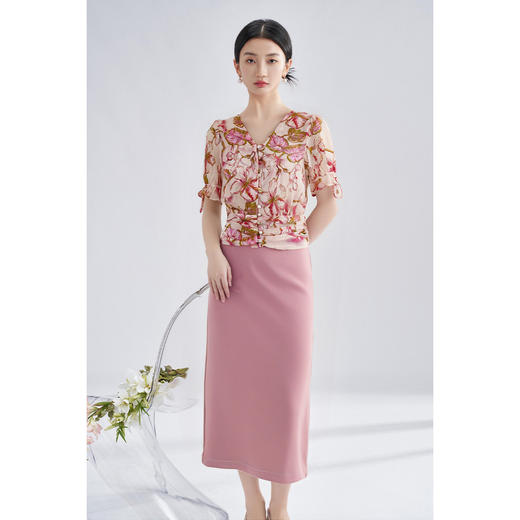 【休闲套装】2025夏季时尚真丝印花泡泡袖衬衫显瘦直筒半身裙3733 商品图3