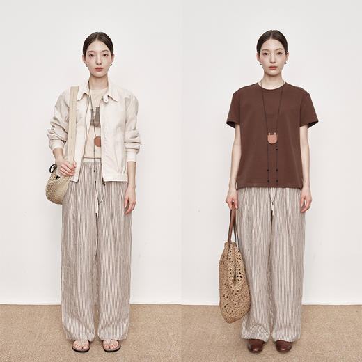 UMILAB｜梦野*舒适慵懒 100%亚麻色织条纹 呼吸感松紧腰长裤E239W 商品图1