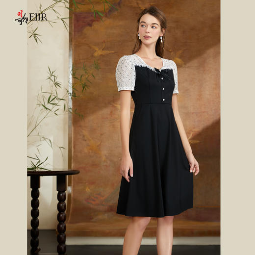 司歌翻领短袖拼接网纱刺绣显瘦连衣裙A911032X 商品图0