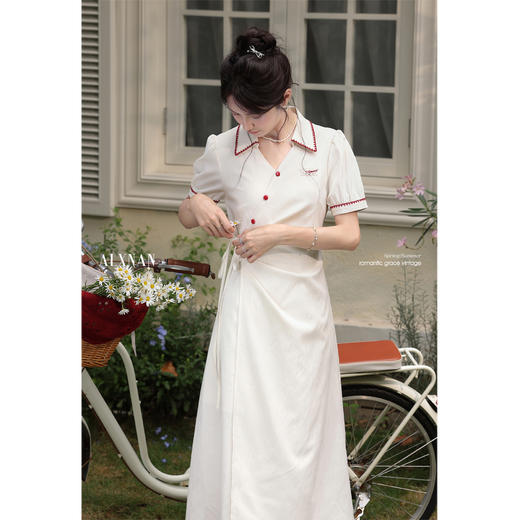 鹿向南「港岛庄园」气质POLO领杏色短袖连衣裙收腰显瘦长裙女夏季 商品图4