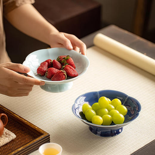 【高脚海浪六瓣盘】中式禅意茶点盘高脚点心盘家用陶瓷干果坚果托盘精致水果盘子 商品图2