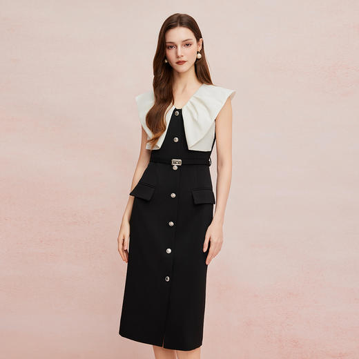 QF8C2斯尔丽25新款直身优雅白领气质轻奢宴会撞色立裁领连衣裙 商品图5