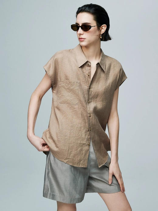 法式高级宽松酒红色亚麻衬衫女夏季新款复古小金扣翻领短袖衬衣女 商品图2