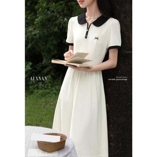 鹿向南「茉香风浅」翻领杏色短袖连衣裙夏新款时尚拼色气质长裙女 商品图1