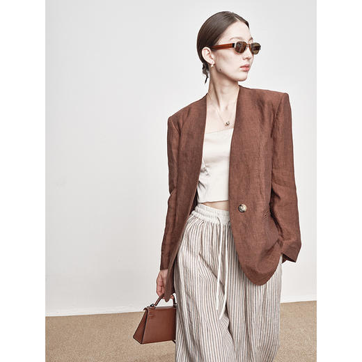 UMILAB｜梦野*舒适慵懒 100%亚麻色织条纹 呼吸感松紧腰长裤E239W 商品图4