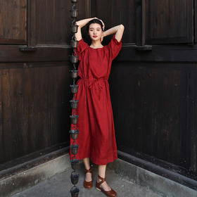 绽放旅行女装261朵/铜氨天丝亚麻灯笼袖通带系带七八分袖连衣裙子