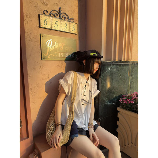 UMILAB｜蓝屿*低饱和美学 100%棉设计感三折袖廓形短袖衬衫H1272W 商品图3