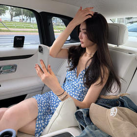 ROMI STUDIO“莫奈花园”浅蓝碎花轻薄V领修身短款连衣裙RWCRLY3693