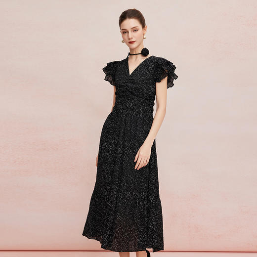 QF8B9斯尔丽25新款法式浪漫荷叶边立体手工盘花可腰带可领度假连衣裙 商品图0