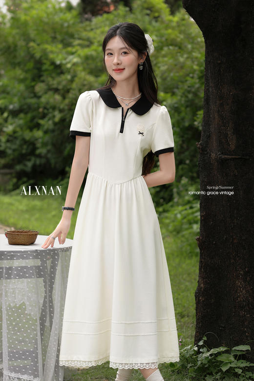 鹿向南「茉香风浅」翻领杏色短袖连衣裙夏新款时尚拼色气质长裙女 商品图5