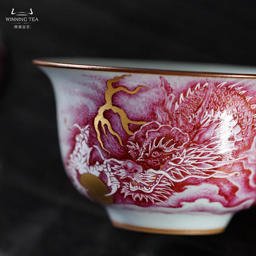 问鼎汝瓷鼎峰柴窑青蒿二才盖碗（矾红龙纹） 商品图4