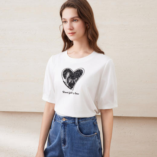 EITIE爱特爱夏季新款圆领亮片刺绣印花短袖纯棉T恤上衣女7702403 商品图7