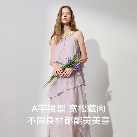 三彩2025夏季新款度假连衣裙无袖挂脖裙荷叶边不规则长裙M 商品图2