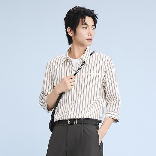 GXG男装   杏色条纹翻领七分袖衬衫 宽松休闲透气 夏季热卖G24X232013 商品图2