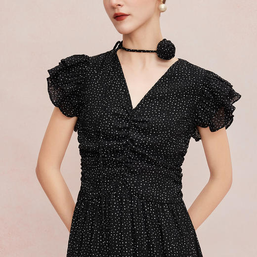 QF8B9斯尔丽25新款法式浪漫荷叶边立体手工盘花可腰带可领度假连衣裙 商品图4