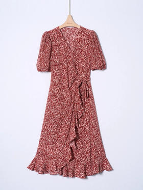 女士V领短袖真丝连衣裙