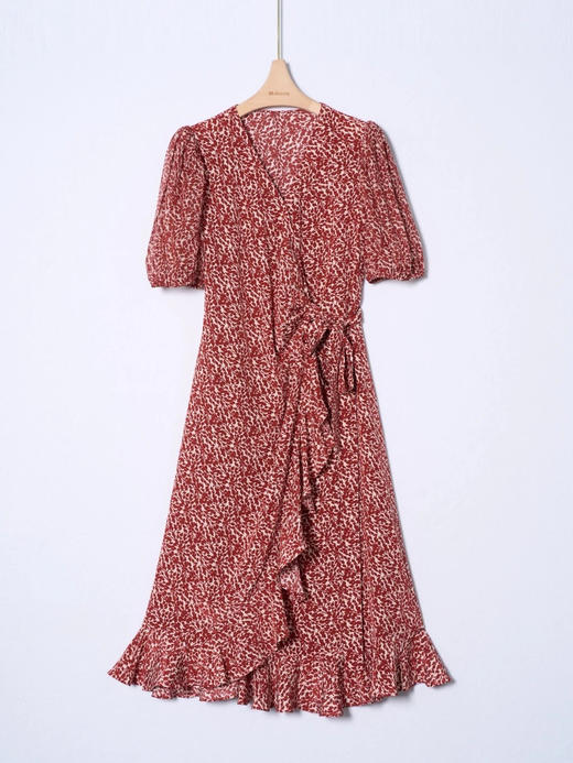 女士V领短袖真丝连衣裙 商品图0