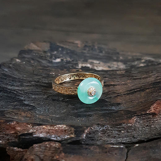 【天然正品】A货翡翠AU750黄金镶钻镶天然冰种平安扣翡翠（吉祥、如意）戒指21号（戒圈可改）女士现售价：3680！080625NJS09 商品图3