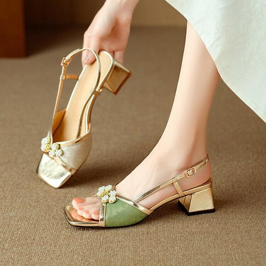 【预售5天】中式国风复古珍珠凉鞋女夏季方头后绊带舒适低跟女鞋MM&9231 商品图0