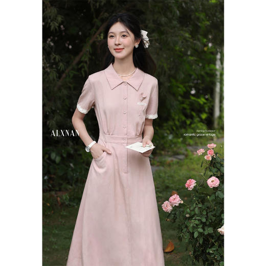 鹿向南「海棠花」法式气质翻领粉色短袖衬衫连衣裙女夏A字长裙子 商品图0