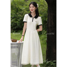 鹿向南「茉香风浅」翻领杏色短袖连衣裙夏新款时尚拼色气质长裙女