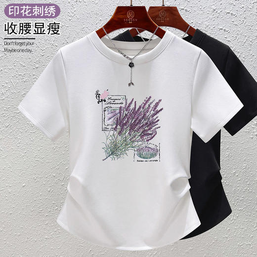 「自」全新升级【铂金会员119/天猫159/差价40】(11638)洛诗琳气质印花圆领T恤2025夏季新款重工刺绣收腰短袖上衣女 商品图0