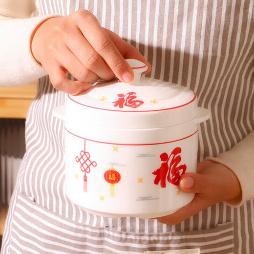 【红福双盖炖盅】中式陶瓷隔水炖盅带盖双耳炖燕窝盅蒸蛋盅家用炖汤小号瓦罐一人份 商品图7