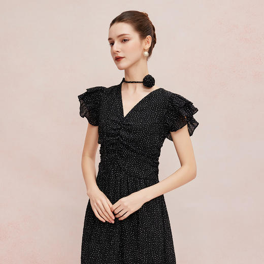 QF8B9斯尔丽25新款法式浪漫荷叶边立体手工盘花可腰带可领度假连衣裙 商品图2