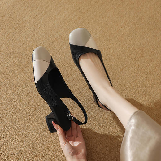 【预售5天】方头粗跟包头凉鞋女夏新款拼色真皮浅口高跟鞋时尚后空跟凉鞋ZF&25091 商品图2