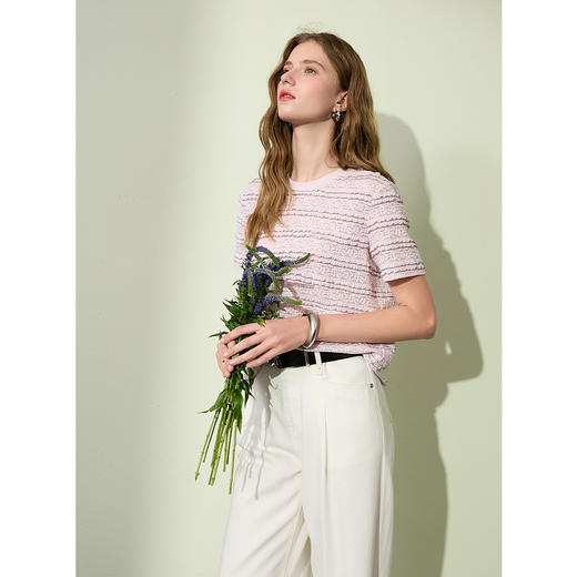 三彩2025夏季新款肌理感蕾丝衫圆领正肩短袖上衣宽松简约休闲M 商品图1