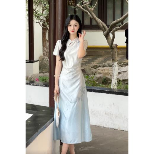 鹿向南「竹摇清风」夏季旗袍女新中式连衣裙收腰a字渐变短袖长裙 商品图2