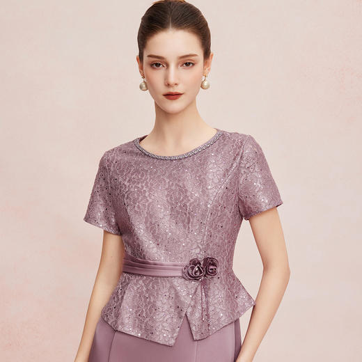 QF8C3斯尔丽25新款礼服立体蕾丝搭配A字摆假两件连衣裙 商品图4