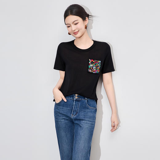 「高货wl」全新升级【铂金会员183/天猫249/差价66】(13112)洛诗琳凉感口袋刺绣休闲T恤2025夏季16针兰精天丝针织上衣 商品图1