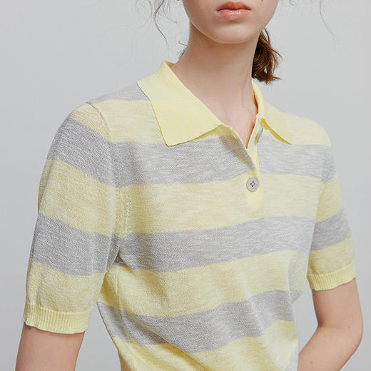 初语舒爽十字麻短袖针织衫女条纹polo上衣休闲小衫 商品图3