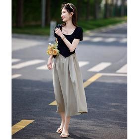 现货 极简风轻休闲假两件T恤裙25年夏新时尚拼接撞色圆领连衣裙