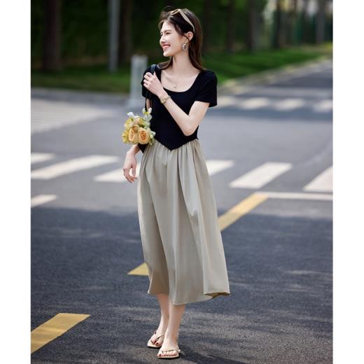 现货 极简风轻休闲假两件T恤裙25年夏新时尚拼接撞色圆领连衣裙 商品图0