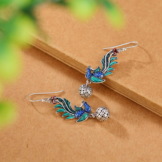 S925纯银复古做旧，国潮景泰蓝孔雀钱币镂空耳坠CW-914 商品图2