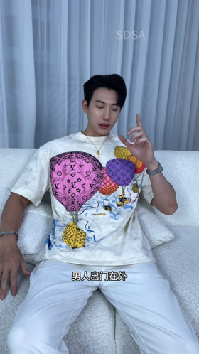 T3789夏季高级感新款男士美式彩色热气球印花短袖T恤满天星百搭上衣