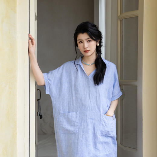 绽放女装338朵/【海街日记】色织亚麻V领连肩短袖大口袋连衣裙女 商品图2