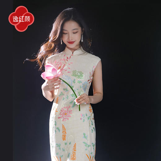 逸红颜菡裳2025夏新款天然棉麻精致满身绣新中式文艺复古改良旗袍 商品图2