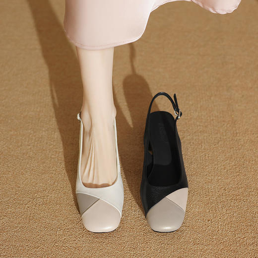 【预售5天】方头粗跟包头凉鞋，拼色真皮浅口高跟鞋时尚后空跟凉鞋ZF&25091 商品图1