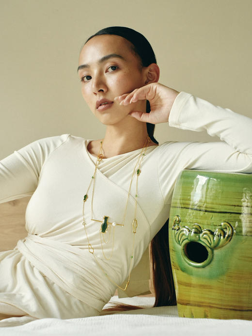 和田碧玉葫芦花瓶银鎏金长项链 商品图0