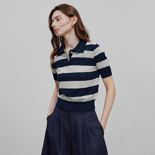 初语舒爽十字麻短袖针织衫女条纹polo上衣休闲小衫 商品图2