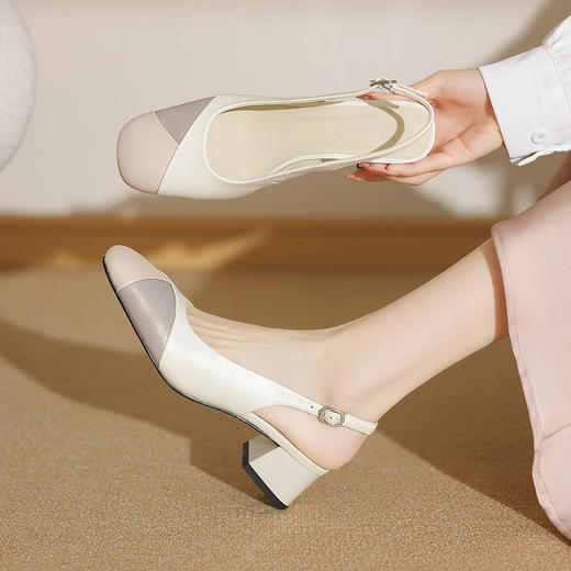 【预售5天】方头粗跟包头凉鞋，拼色真皮浅口高跟鞋时尚后空跟凉鞋ZF&25091 商品图0